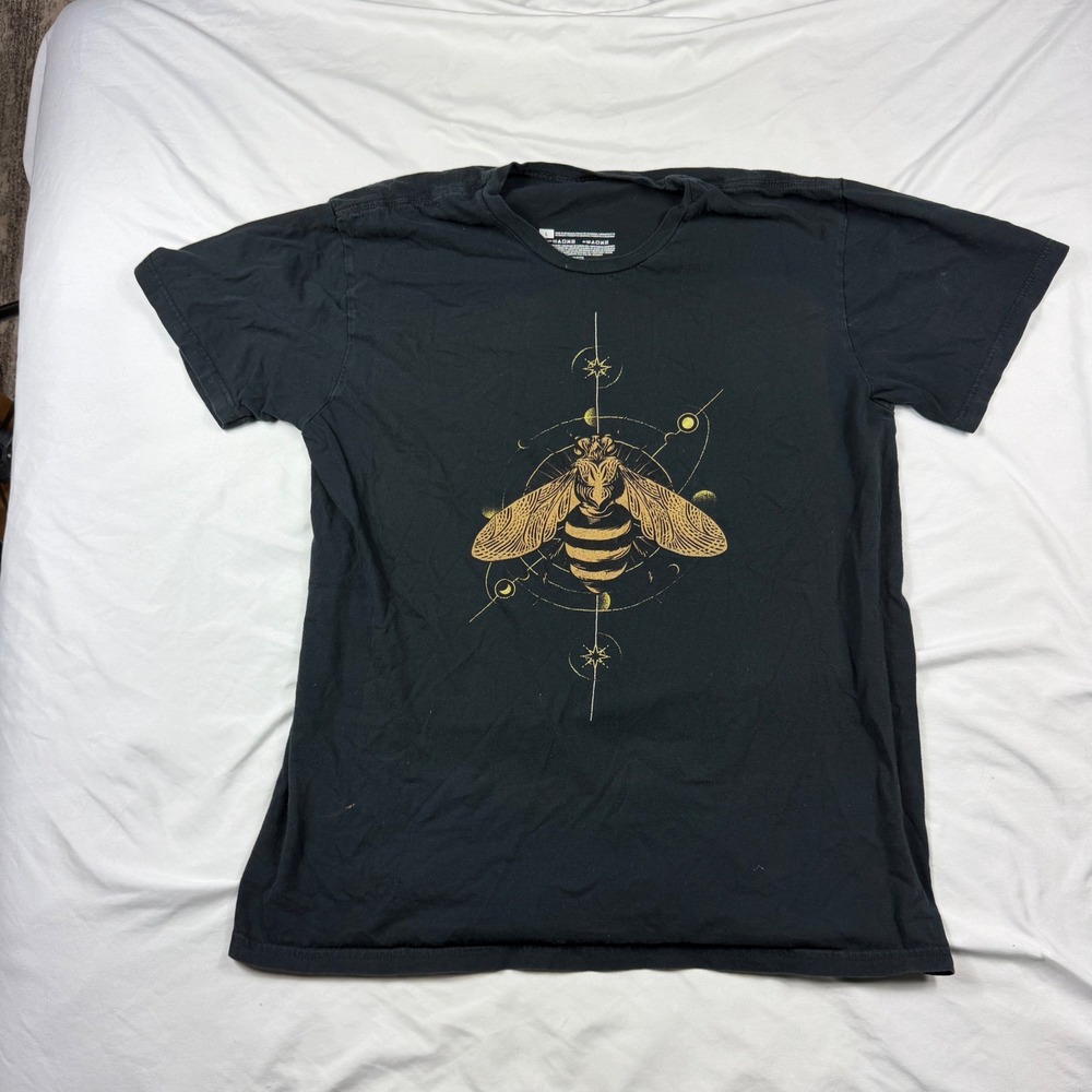 Gildan Black Honey Bee Celestial Moon Phases Graphic T-Shirt Large Cotton Tee